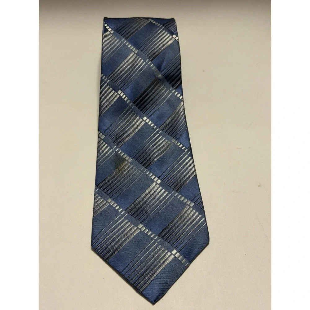 Secours Mens Silk Necktie Blue Silver Geometric Plaid Hand Made Formal Tie